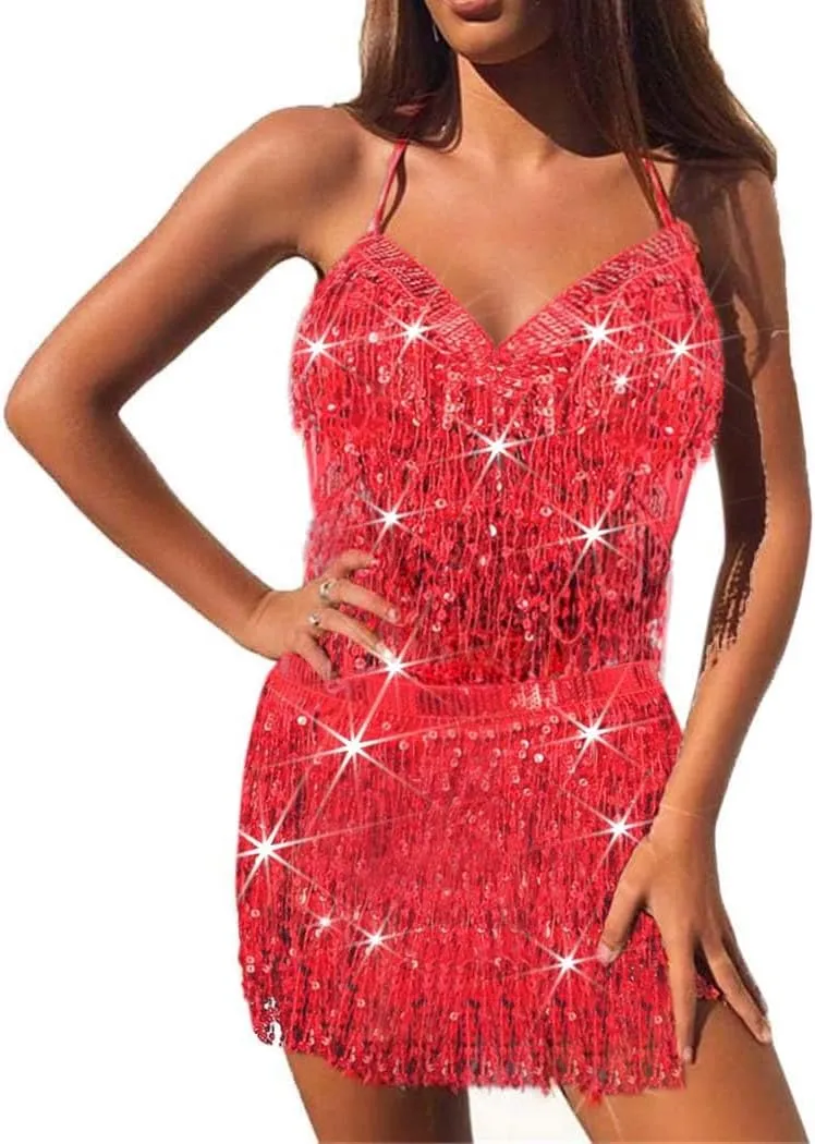 EARENT Belly Dance Sequin Skirt Sparkly Rave Fringe Top Set for Women