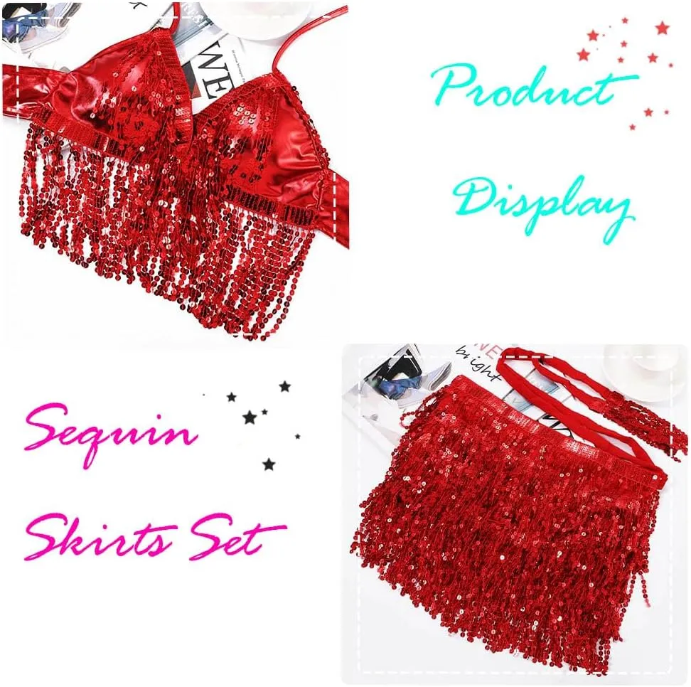 EARENT Belly Dance Sequin Skirt Sparkly Rave Fringe Top Set for Women