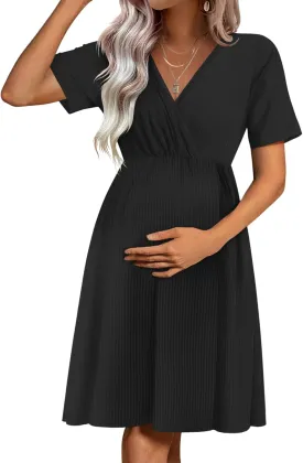 Ekouaer Maternity Nursing Dress V Neck Short Sleeve Breastfeeding Dresses Ribbed Knit Pregnancy Clothes S-XXL