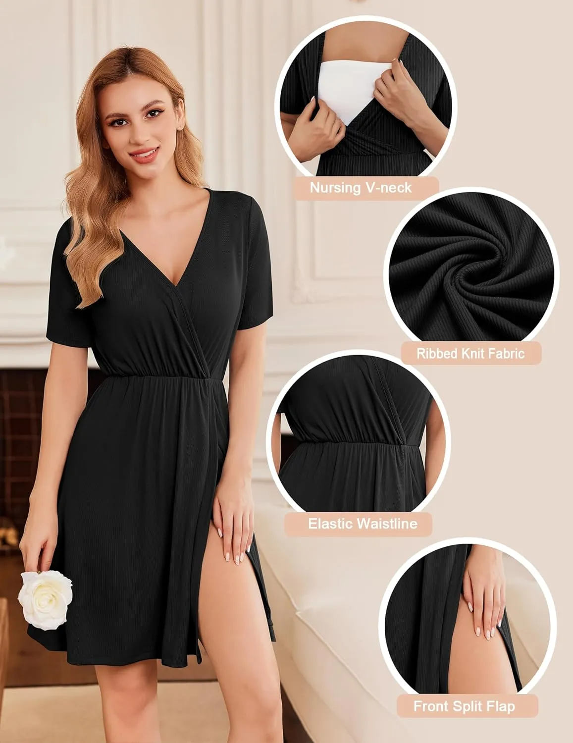 Ekouaer Maternity Nursing Dress V Neck Short Sleeve Breastfeeding Dresses Ribbed Knit Pregnancy Clothes S-XXL