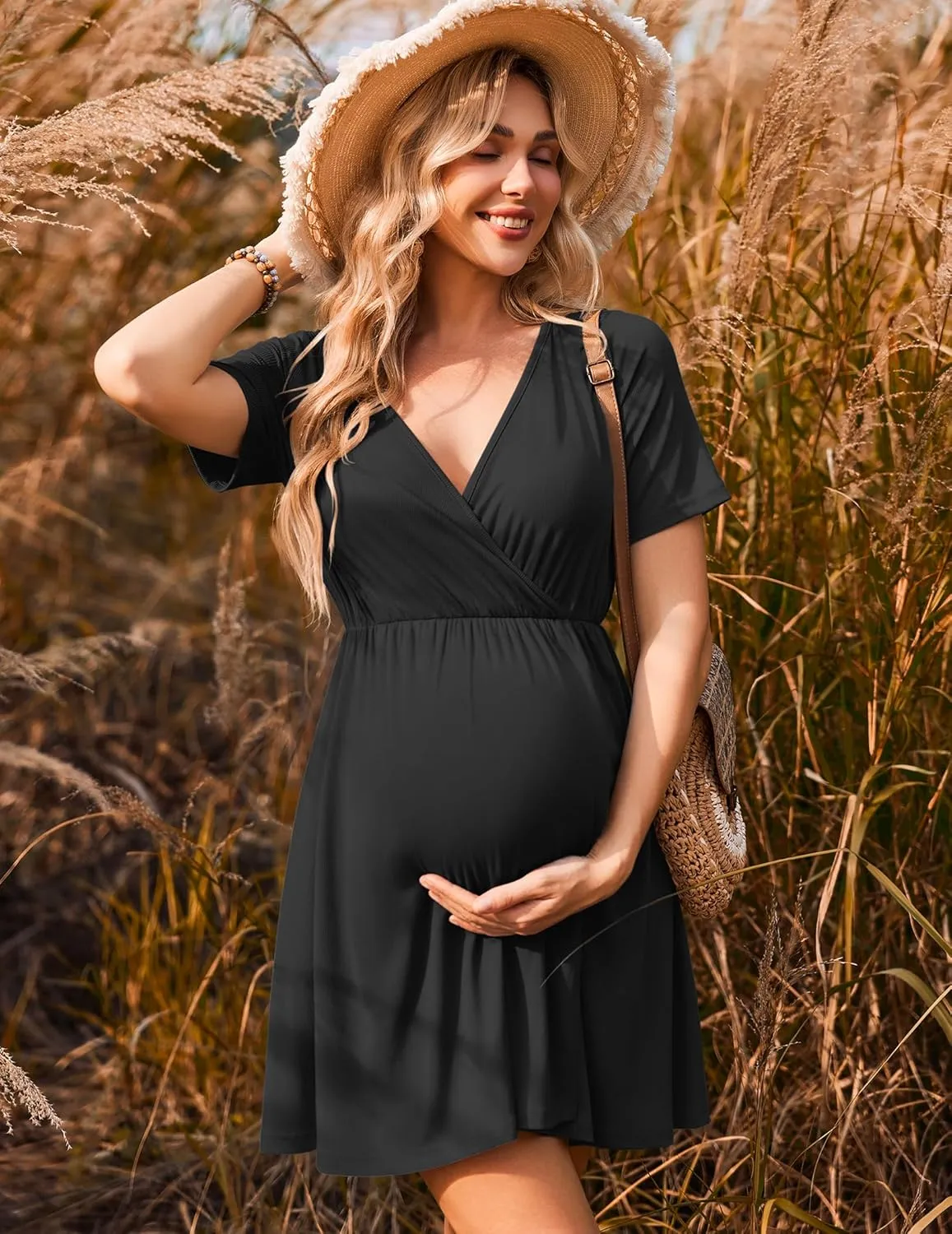 Ekouaer Maternity Nursing Dress V Neck Short Sleeve Breastfeeding Dresses Ribbed Knit Pregnancy Clothes S-XXL