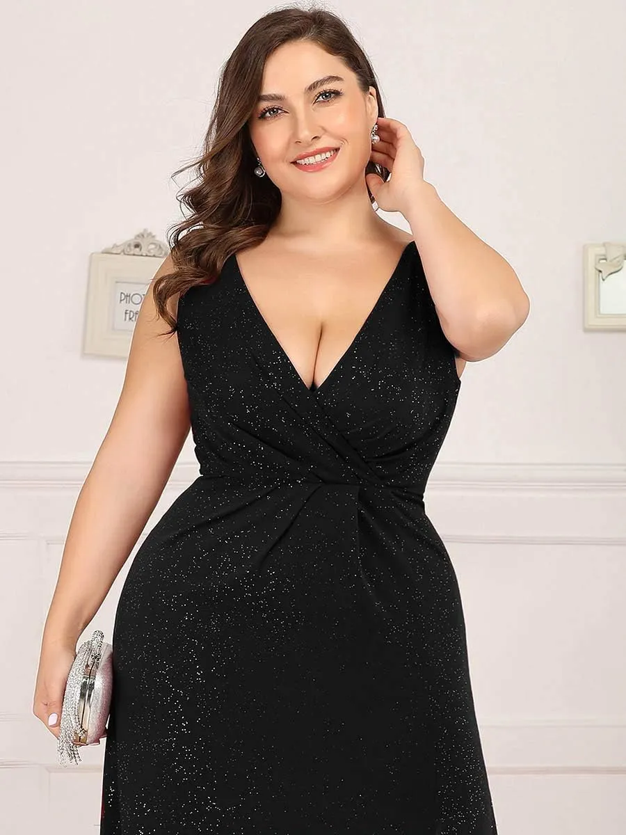 Ever-Pretty Women's V-Neck Glitter Dress Side Split Gliter Plus Size Semi Formal Dresses for Women 07505-DA