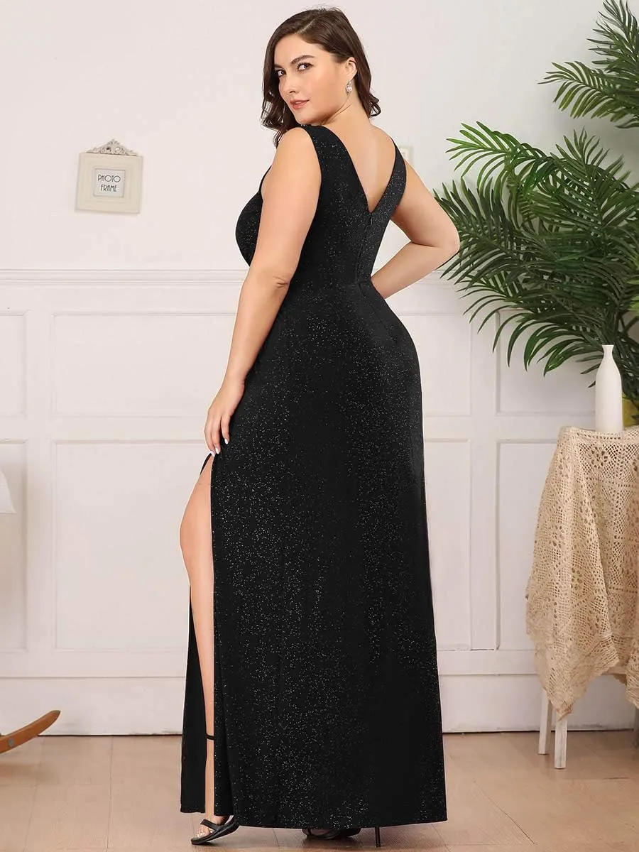 Ever-Pretty Women's V-Neck Glitter Dress Side Split Gliter Plus Size Semi Formal Dresses for Women 07505-DA