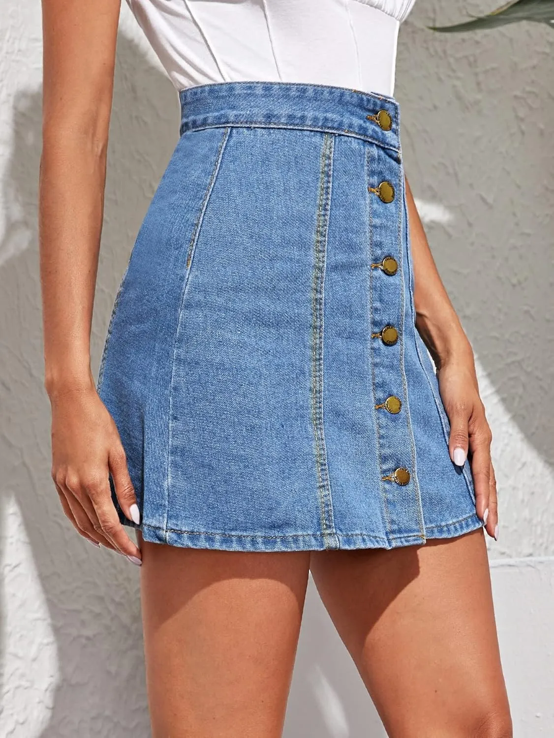 Floerns Women's High Waist A Line Button Through Denim Mini Dress Skirt