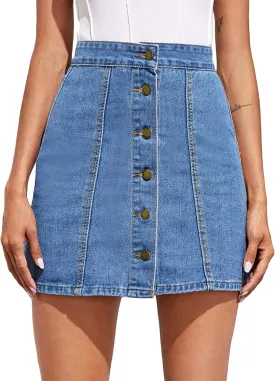 Floerns Women's High Waist A Line Button Through Denim Mini Dress Skirt
