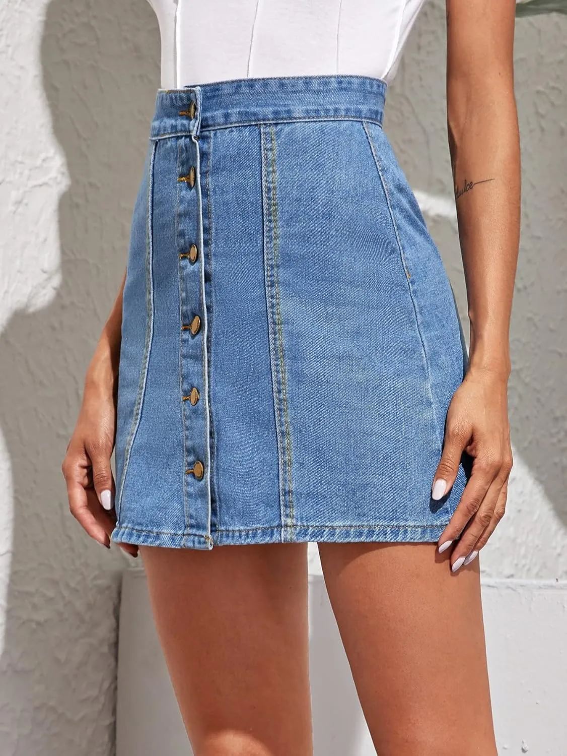 Floerns Women's High Waist A Line Button Through Denim Mini Dress Skirt