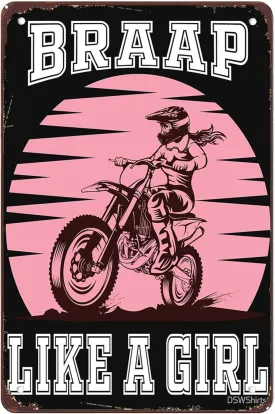 Funny Braap Tshirt Motorcycle Girl Motocross Dirt Bike Classic Signs Wall Decor Vintage Metal Tin Sign Wall Art Poster for Bathroom Kitchen Bar Man Cave Office Pub Wall Decorations Gift 8x12 Inch
