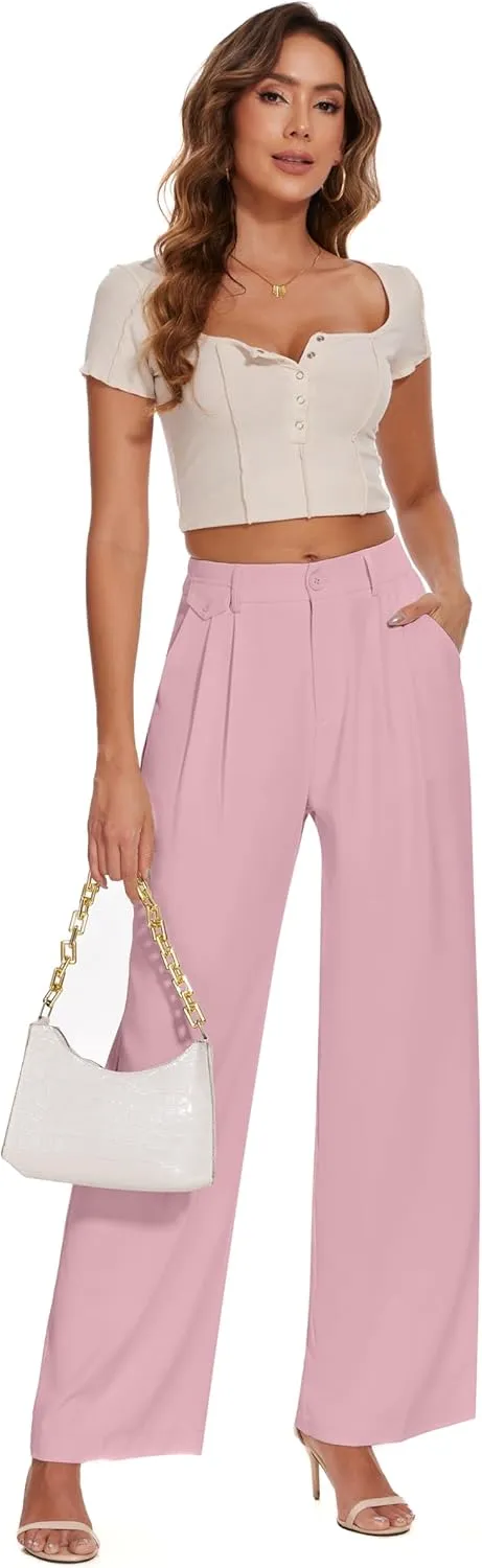 FUNYYZO Women's Loose Pleated Front Long Pants Wide Leg Trousers Solid Causal Dressy