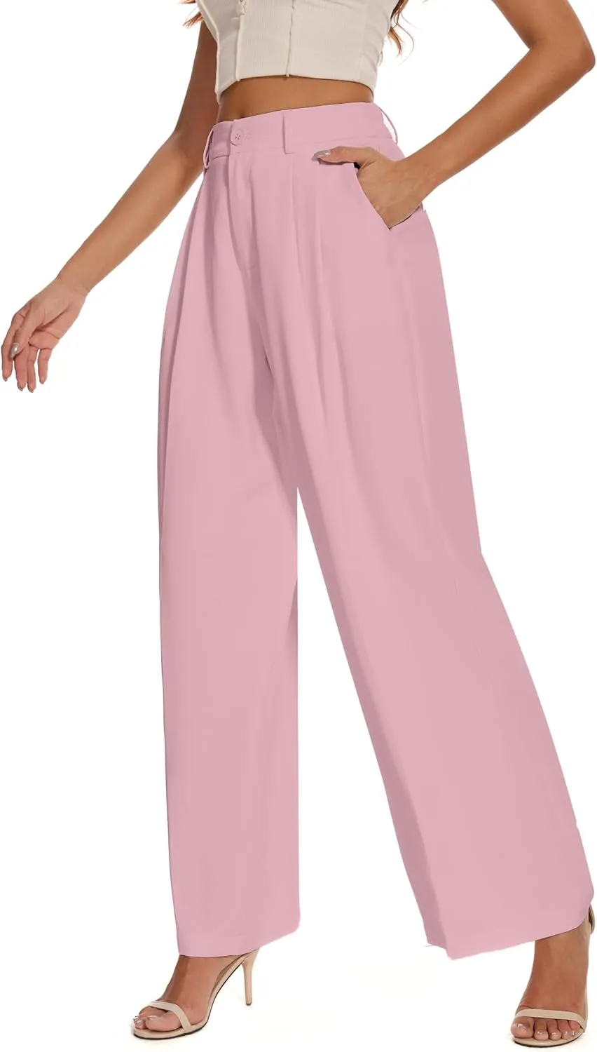 FUNYYZO Women's Loose Pleated Front Long Pants Wide Leg Trousers Solid Causal Dressy