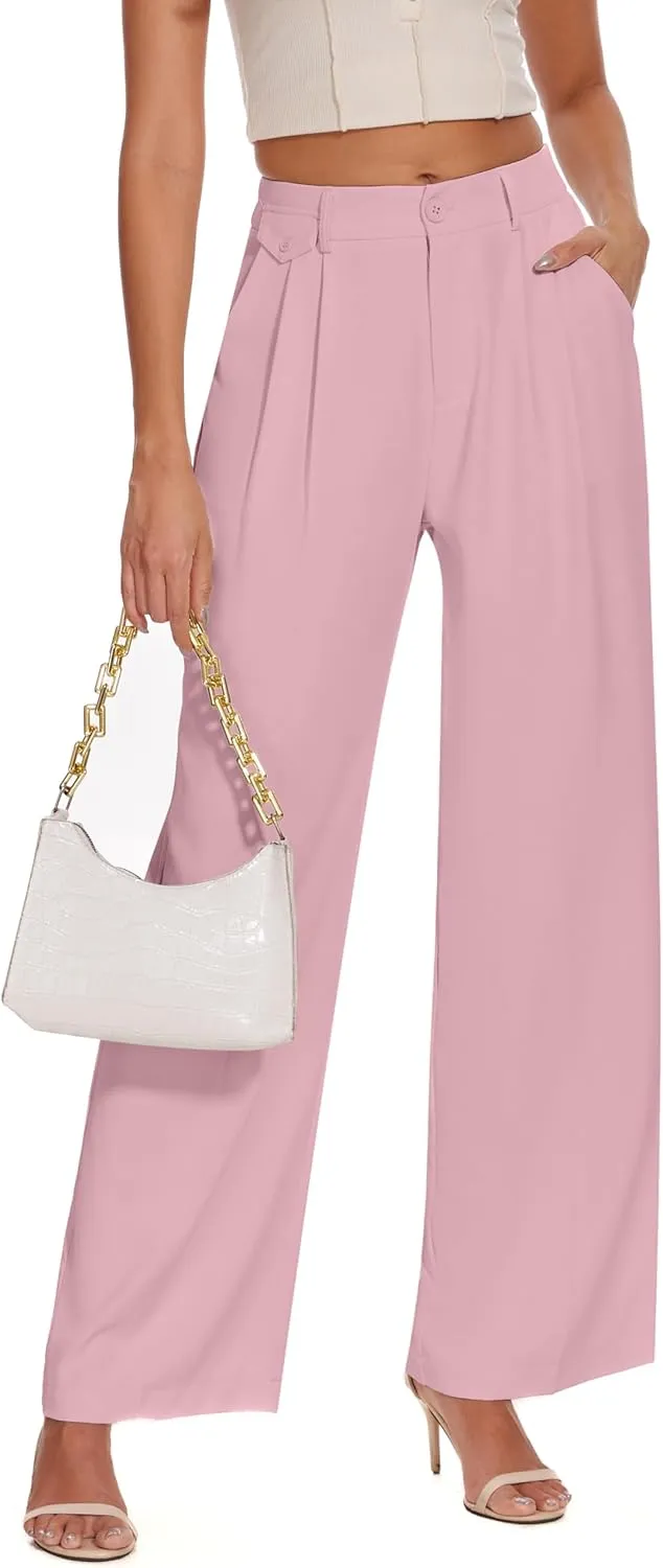 FUNYYZO Women's Loose Pleated Front Long Pants Wide Leg Trousers Solid Causal Dressy