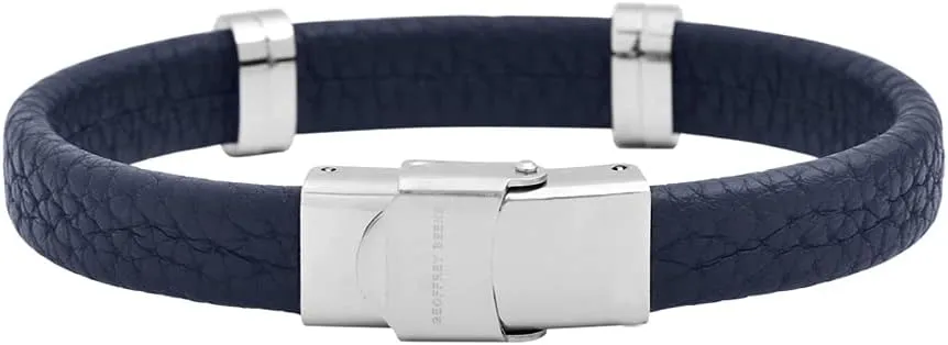 Geoffrey Beene Men's Genuine Leather Bracelet with Stainless Steel Cut-Out ID