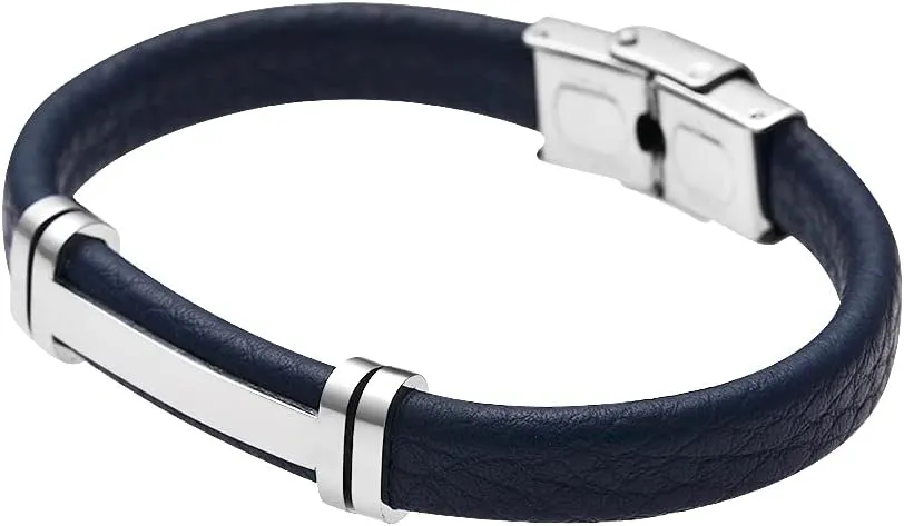 Geoffrey Beene Men's Genuine Leather Bracelet with Stainless Steel Cut-Out ID