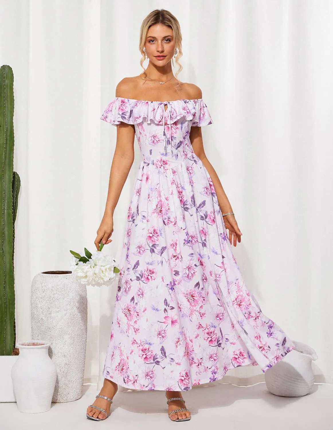 GRACE KARIN 2025 Womens Maxi Dresses Summer Off Shoulder Floral Dress Ruffle Split Beach Flowy Boho Wedding Guest Dress