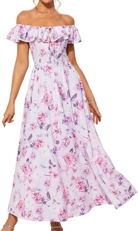 GRACE KARIN 2025 Womens Maxi Dresses Summer Off Shoulder Floral Dress Ruffle Split Beach Flowy Boho Wedding Guest Dress