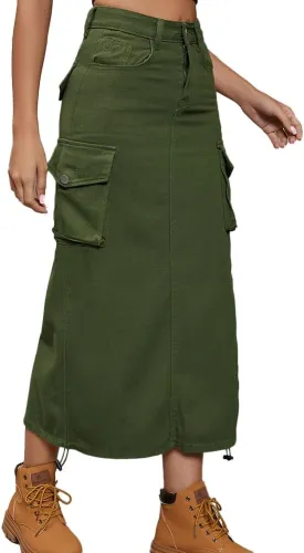 IDEALSANXUN Cargo Skirts for Women Midi Long Denim Jean Skirt
