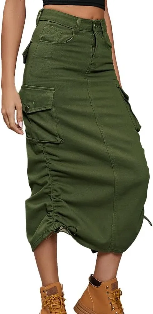IDEALSANXUN Cargo Skirts for Women Midi Long Denim Jean Skirt