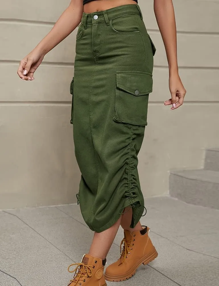 IDEALSANXUN Cargo Skirts for Women Midi Long Denim Jean Skirt