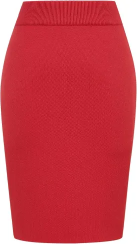 IDEALSANXUN Womens Stretchy Pencil Skirt High Waisted Bodycon Knit Knee Length Skirt with Back Slit