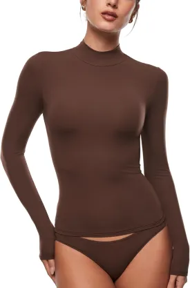 INLYRIC Women's Inbarely Soft Mock Turtleneck Double Lined Long Sleeve Tops Going Out Slim Fitted Sexy Trendy T-Shirts
