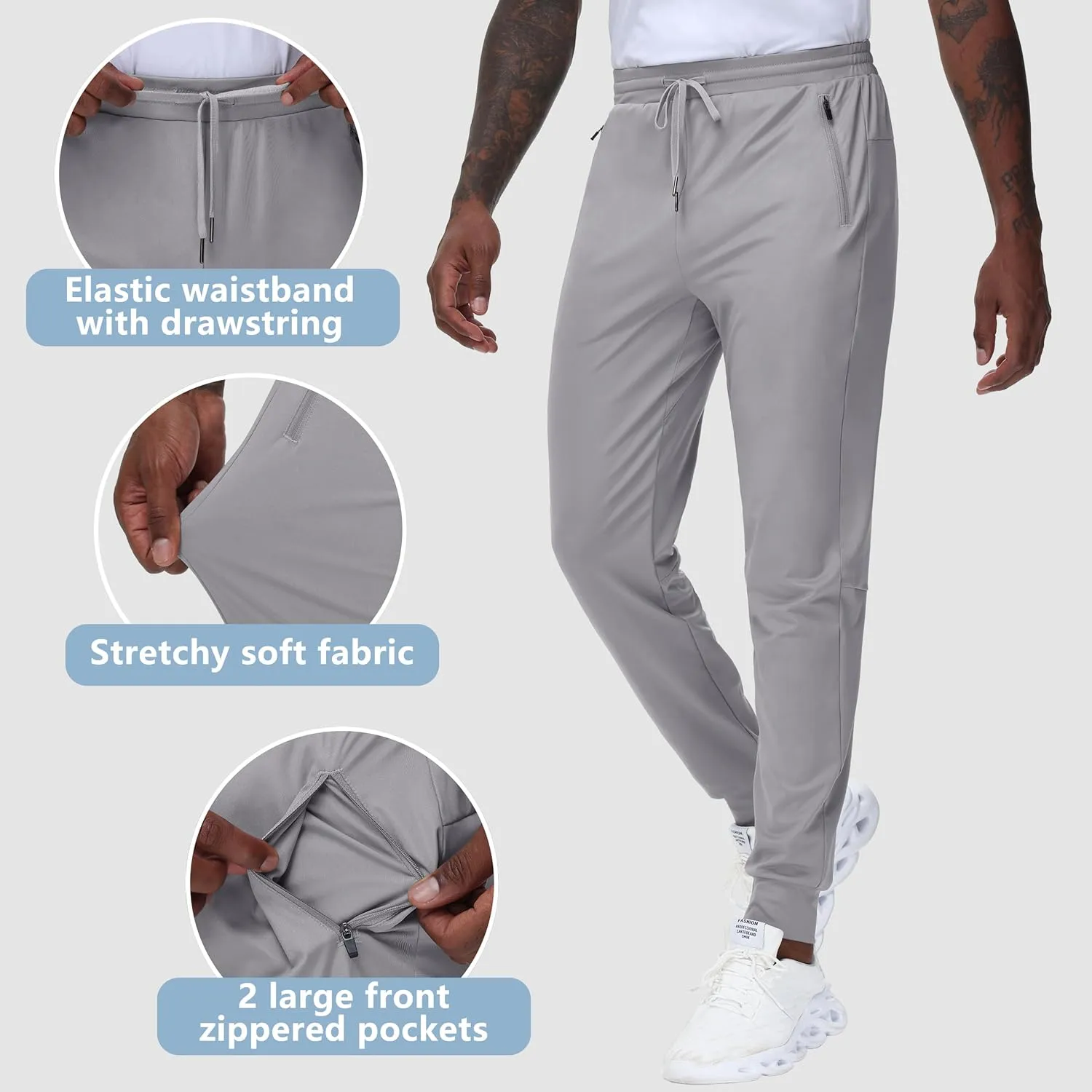 JWM Men's 30"/32"/34"/36" Inseam Joggers Tall Sweatpants 3 Zipper Pockets Stretch Lightweight Athletic Workout Gym Men Pants