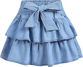 MakeMeChic Girl's Bow Denim Skirt Ruffle Tiered Elastic Waist A Line Cute Mini Skirts