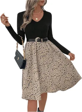 MakeMeChic Women's Floral V Neck Rib Knit Dress Long Sleeve A Line Flare Dresses