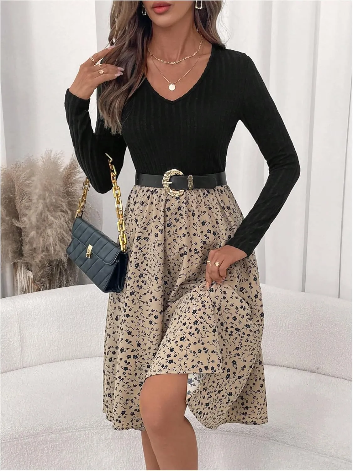 MakeMeChic Women's Floral V Neck Rib Knit Dress Long Sleeve A Line Flare Dresses