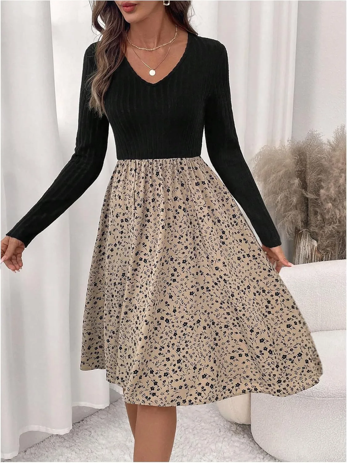 MakeMeChic Women's Floral V Neck Rib Knit Dress Long Sleeve A Line Flare Dresses