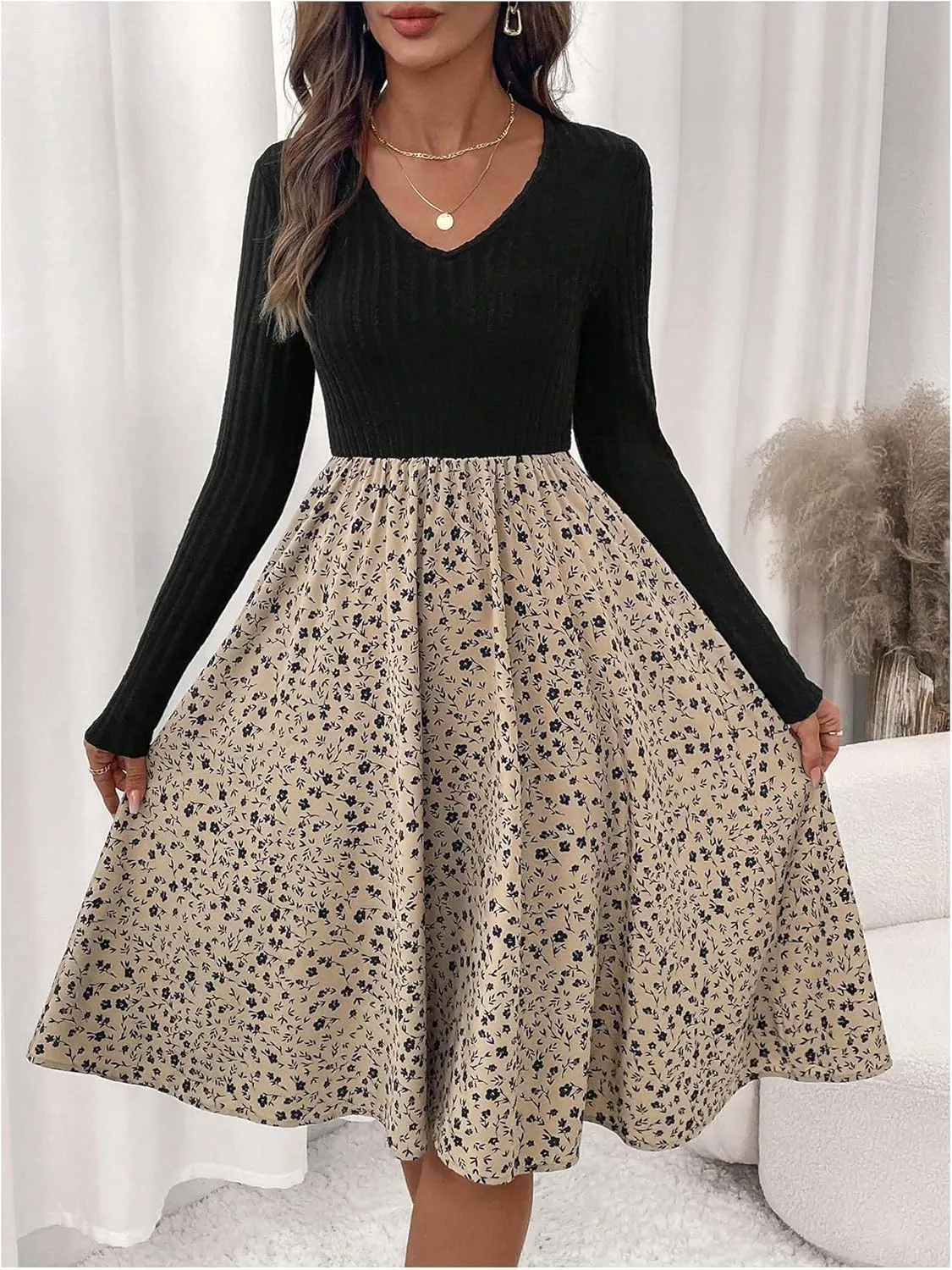 MakeMeChic Women's Floral V Neck Rib Knit Dress Long Sleeve A Line Flare Dresses