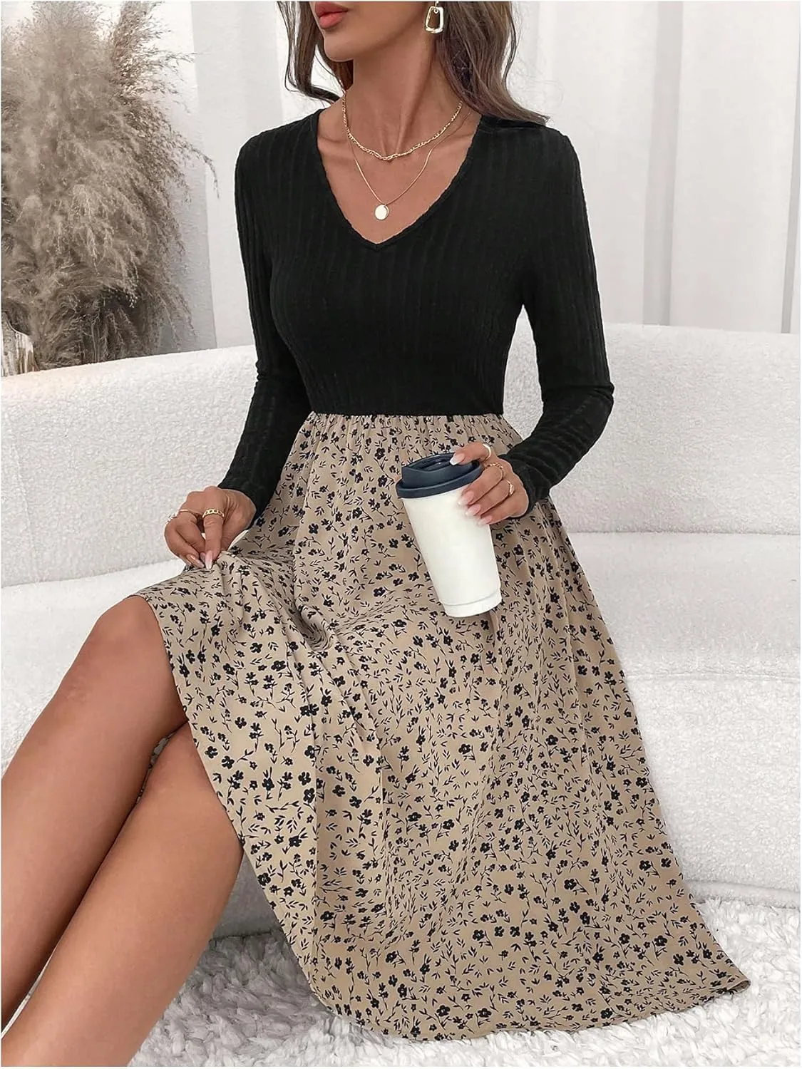 MakeMeChic Women's Floral V Neck Rib Knit Dress Long Sleeve A Line Flare Dresses