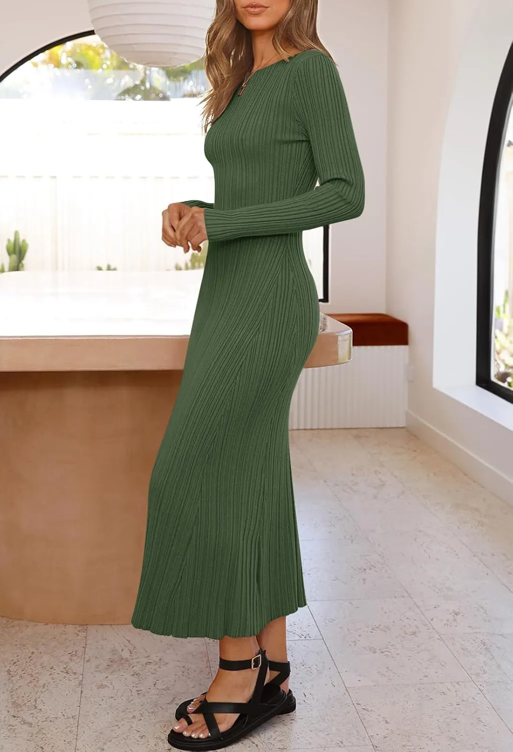 MEROKEETY Women's 2025 Long Sleeve Bodycon Sweater Dress Fall Crew Neck Ribbed Knit Maxi Dresses