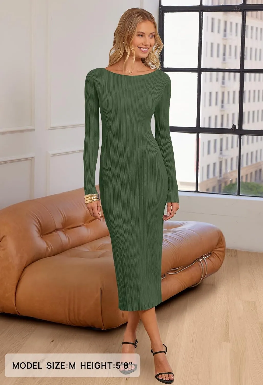 MEROKEETY Women's 2025 Long Sleeve Bodycon Sweater Dress Fall Crew Neck Ribbed Knit Maxi Dresses