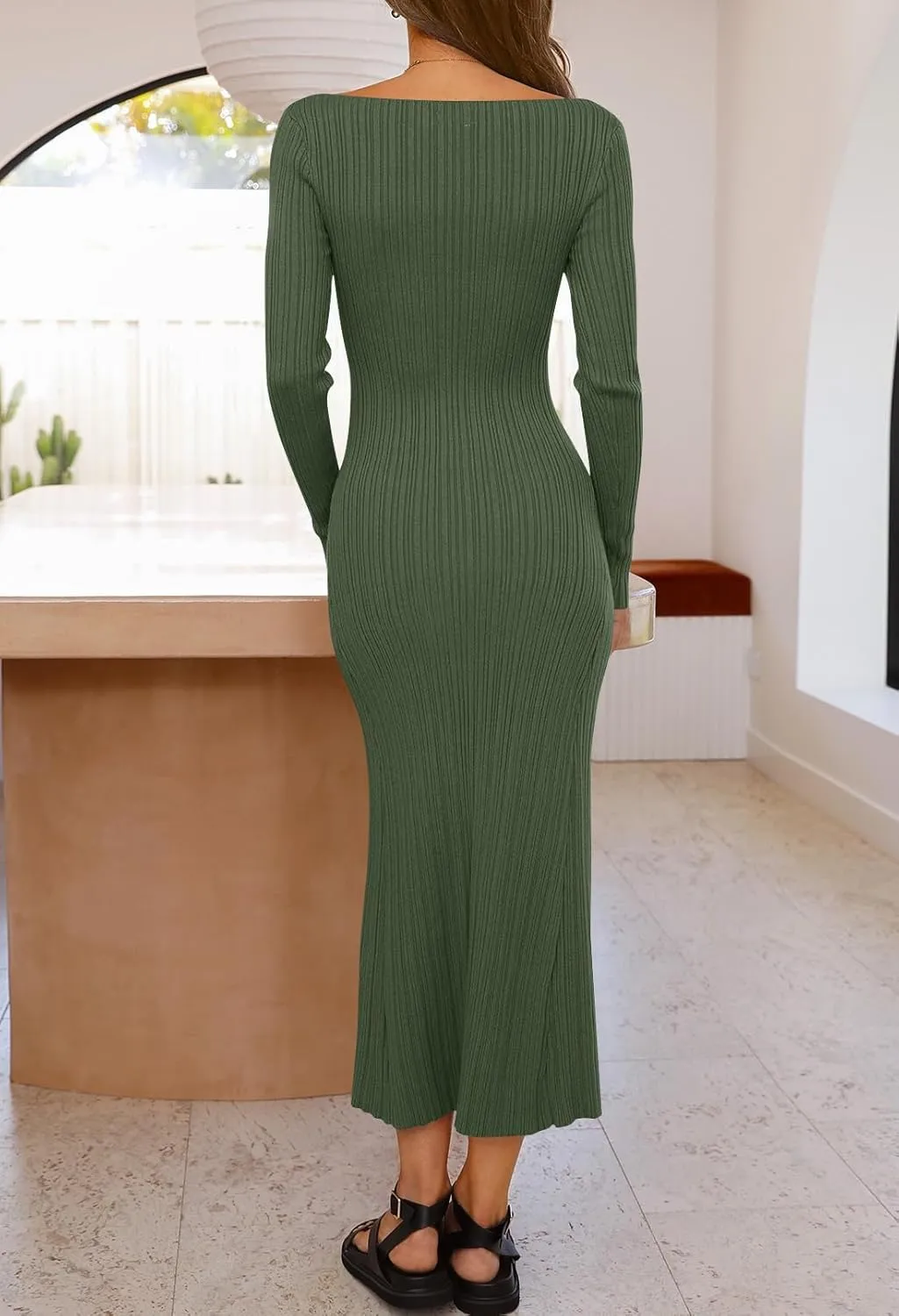 MEROKEETY Women's 2025 Long Sleeve Bodycon Sweater Dress Fall Crew Neck Ribbed Knit Maxi Dresses