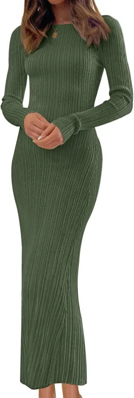 MEROKEETY Women's 2025 Long Sleeve Bodycon Sweater Dress Fall Crew Neck Ribbed Knit Maxi Dresses