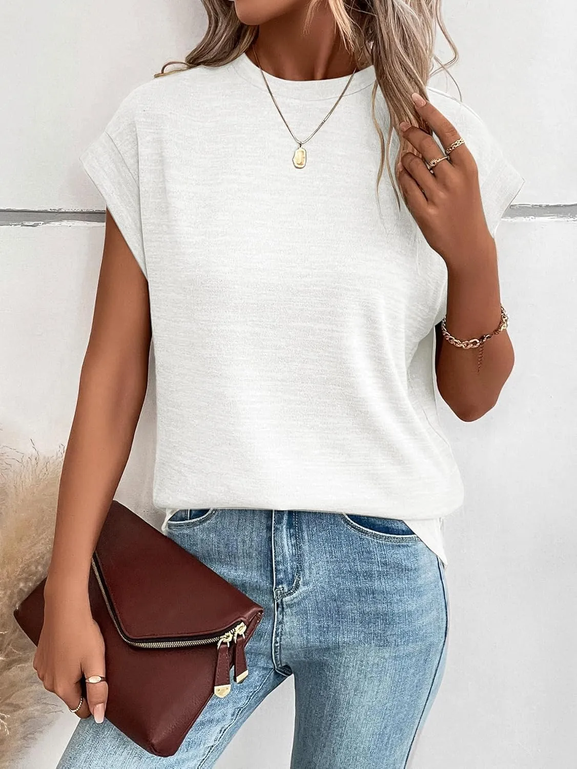 Milumia Women's Casual Cap Short Sleeve T Shirt Dressy Mock Neck Office Work Top