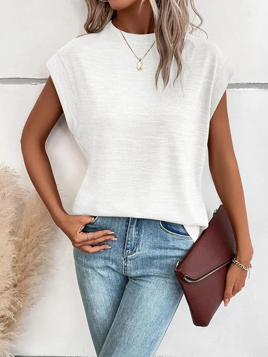 Milumia Women's Casual Cap Short Sleeve T Shirt Dressy Mock Neck Office Work Top