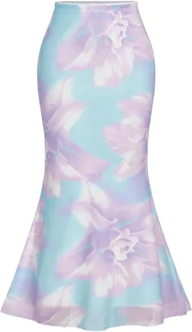 Milumia Women's Floral Print Mesh Maxi Skirt Fishtail Bodycon High Waist Boho Midi Skirts