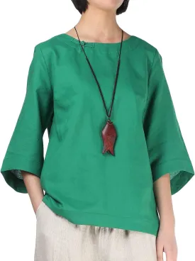 Minibee Women's Linen Blouse Round Neck 3/4 Sleeve Shirt Tops with Chinese Frog Button
