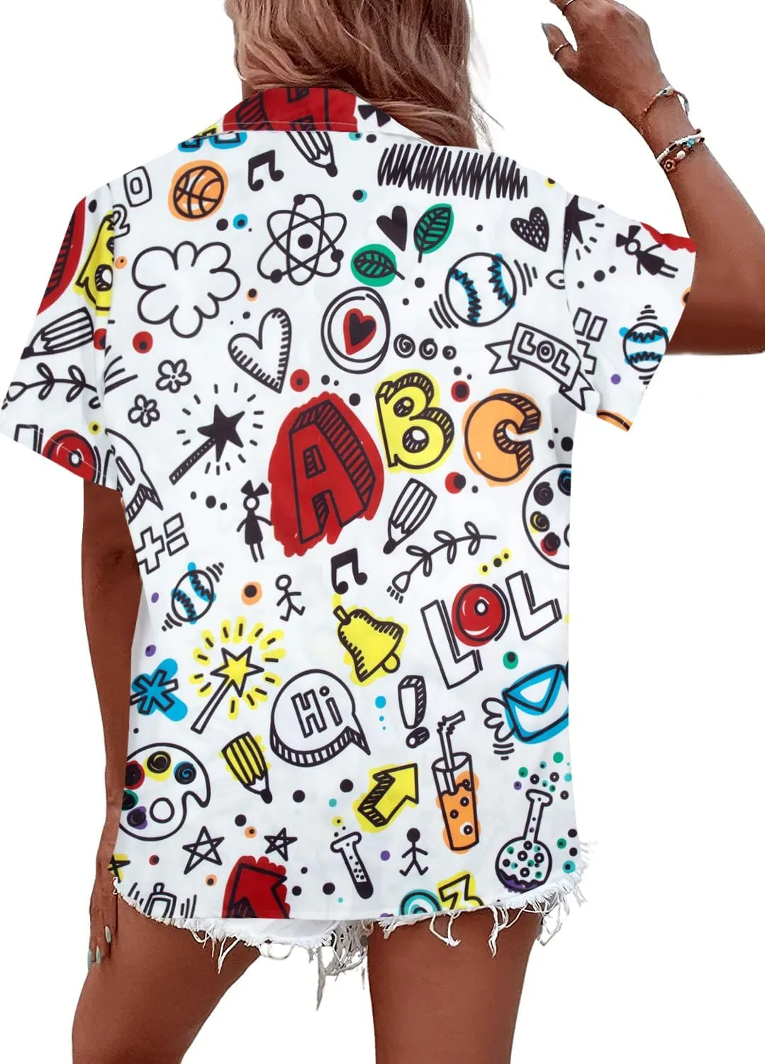 MNLYBABY Teacher Shirts Women Teach Hawaiian Button Down Short Sleeve Shirt Hawaii Teacher Holiday Button Up Blouse