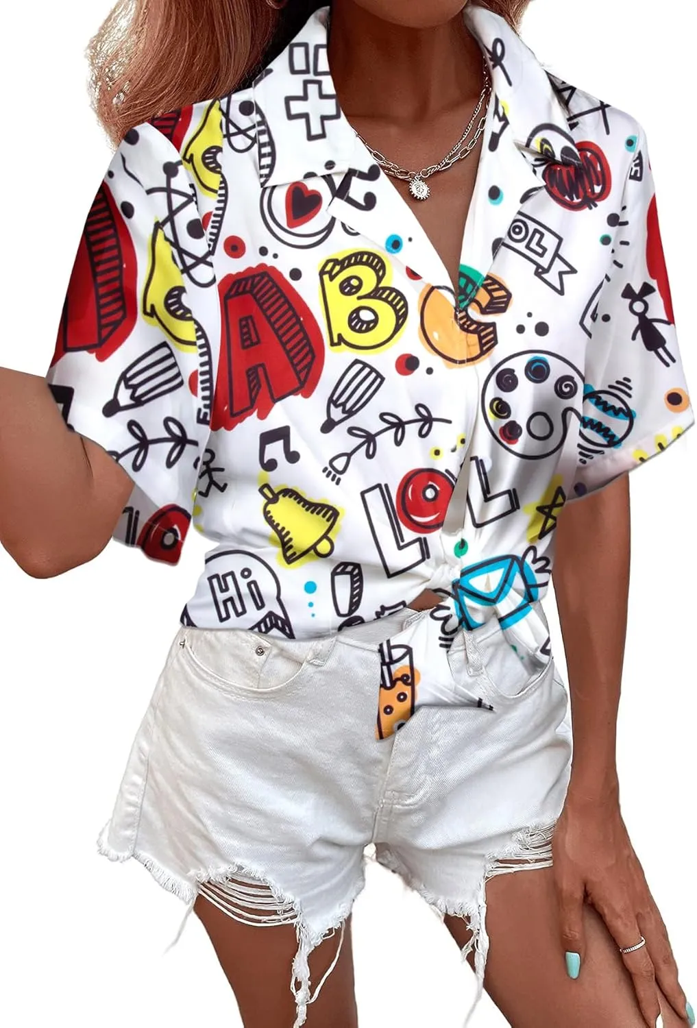 MNLYBABY Teacher Shirts Women Teach Hawaiian Button Down Short Sleeve Shirt Hawaii Teacher Holiday Button Up Blouse