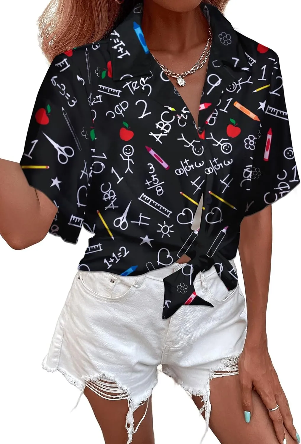 MNLYBABY Teacher Shirts Women Teach Hawaiian Button Down Short Sleeve Shirt Hawaii Teacher Holiday Button Up Blouse