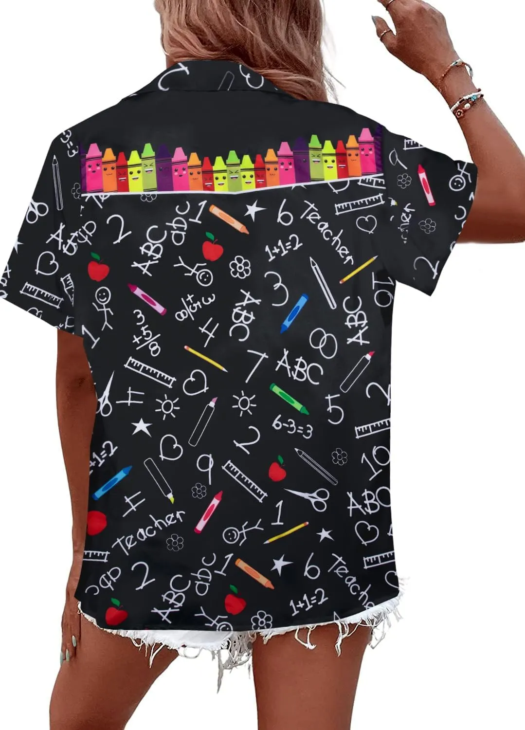MNLYBABY Teacher Shirts Women Teach Hawaiian Button Down Short Sleeve Shirt Hawaii Teacher Holiday Button Up Blouse