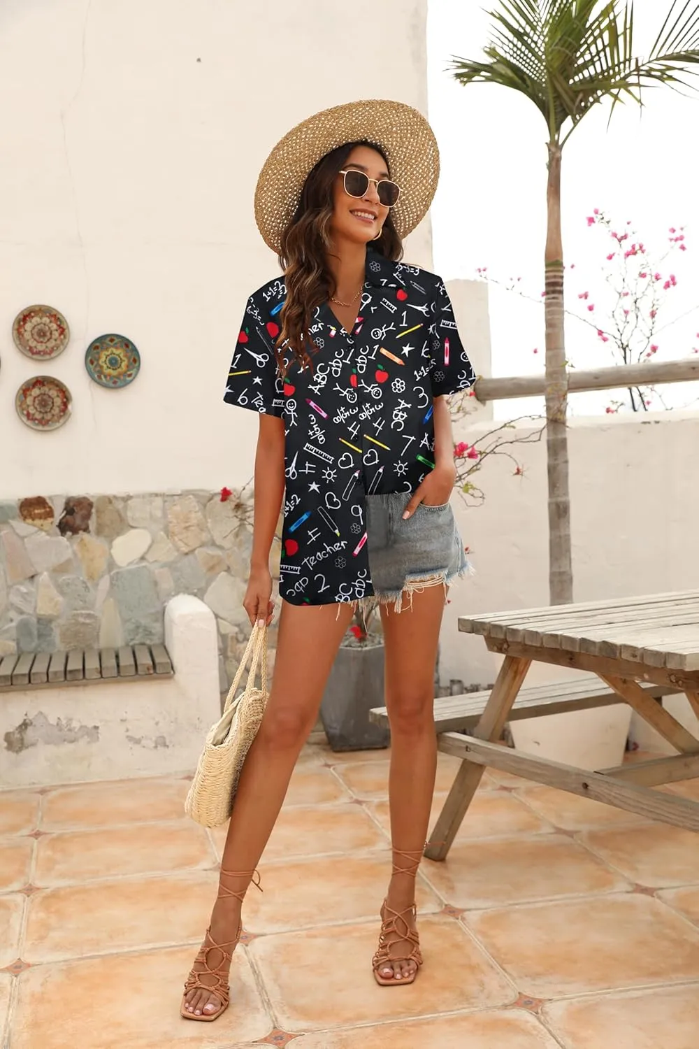 MNLYBABY Teacher Shirts Women Teach Hawaiian Button Down Short Sleeve Shirt Hawaii Teacher Holiday Button Up Blouse