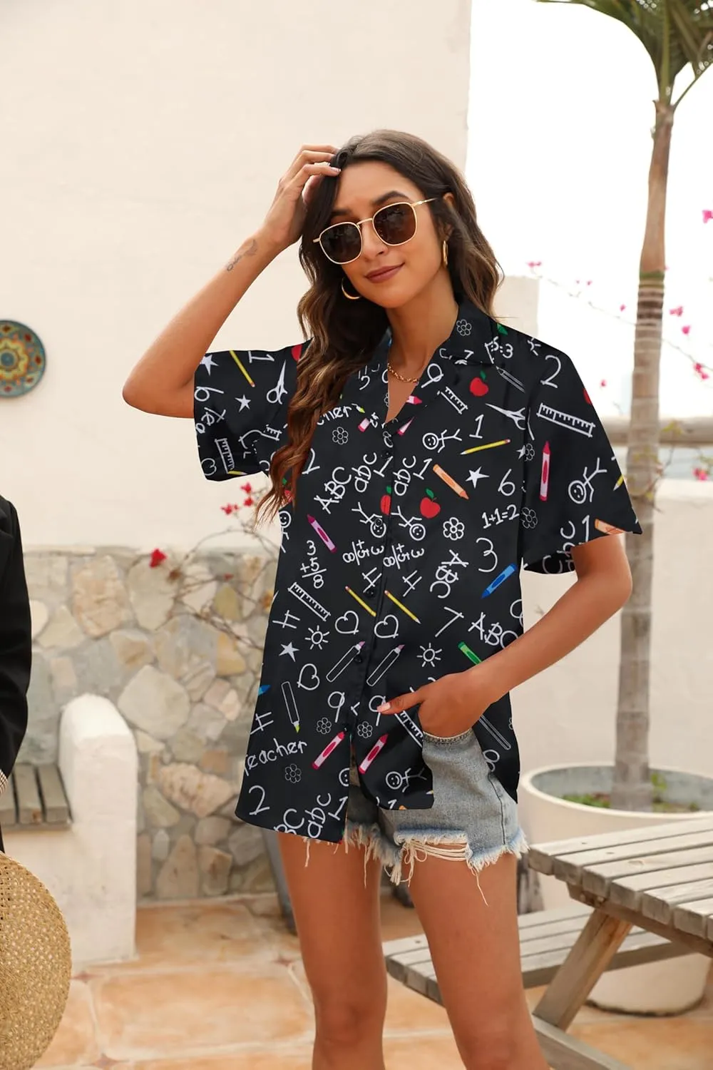 MNLYBABY Teacher Shirts Women Teach Hawaiian Button Down Short Sleeve Shirt Hawaii Teacher Holiday Button Up Blouse