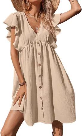 Mywinway Linen Dresses for Women Spring Summer Ruffle Sleeve Cotton Linne Beach Swing Casual Dress