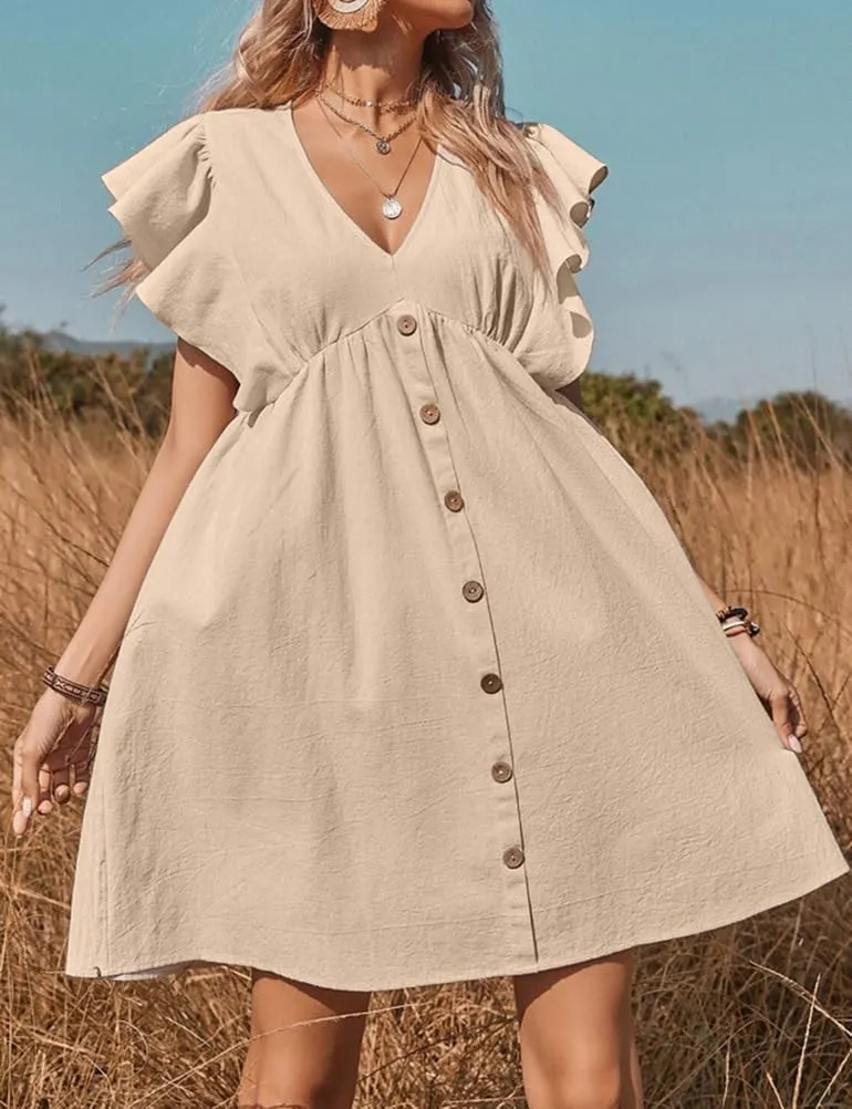 Mywinway Linen Dresses for Women Spring Summer Ruffle Sleeve Cotton Linne Beach Swing Casual Dress