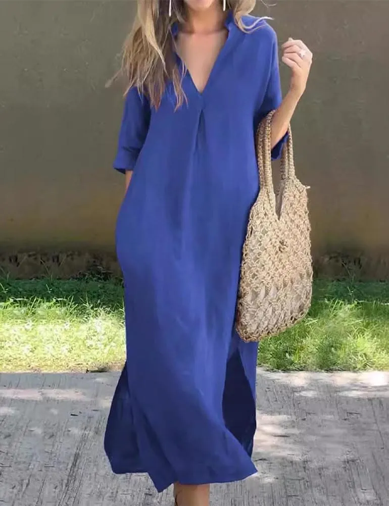 Mywinway Linen Dresses for Women Spring Summer V Neck 3/4 Sleeve Trendy Cute Maxi Shirt Shift Tshirt Dress with Pockets