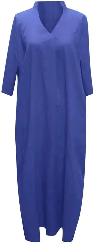 Mywinway Linen Dresses for Women Spring Summer V Neck 3/4 Sleeve Trendy Cute Maxi Shirt Shift Tshirt Dress with Pockets