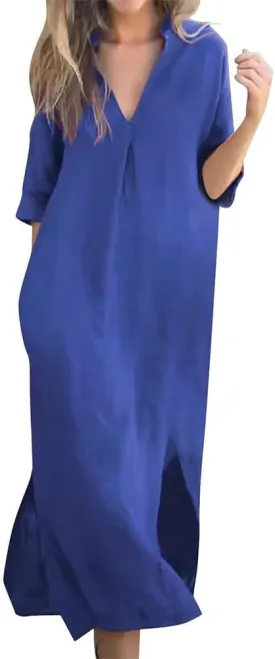 Mywinway Linen Dresses for Women Spring Summer V Neck 3/4 Sleeve Trendy Cute Maxi Shirt Shift Tshirt Dress with Pockets