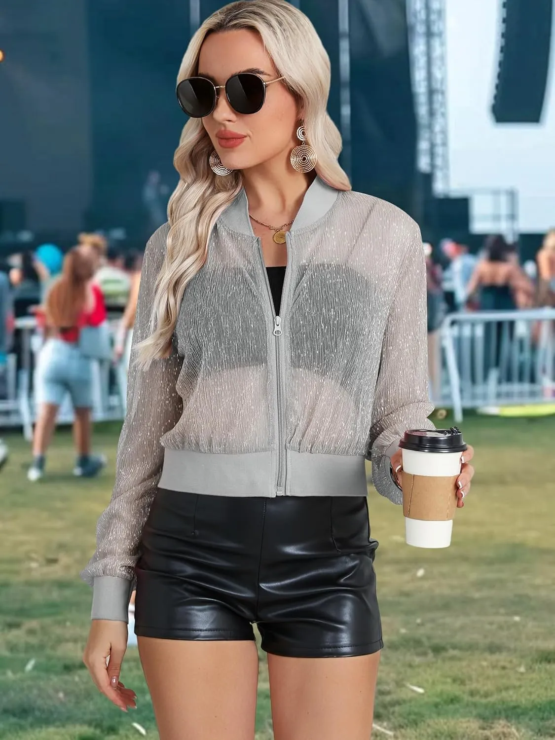 Nlife Women Sheer Mesh Sparkly Bomber Jackets See Thru Glitter Shiny Rave Lightweight Zip Up Crop Jacket Outwear